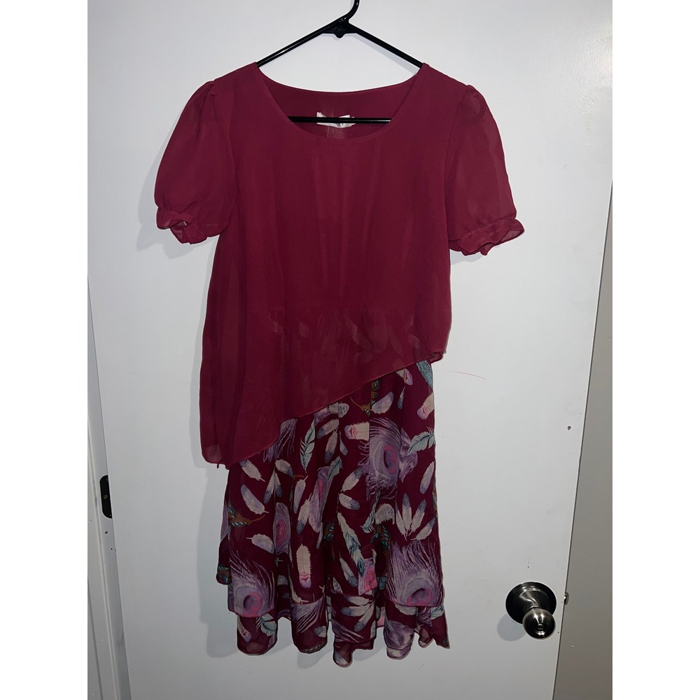 Yunmengqi Fashion Burgundy Peacock Feather Print Chiffon Layered Dress XL NWT